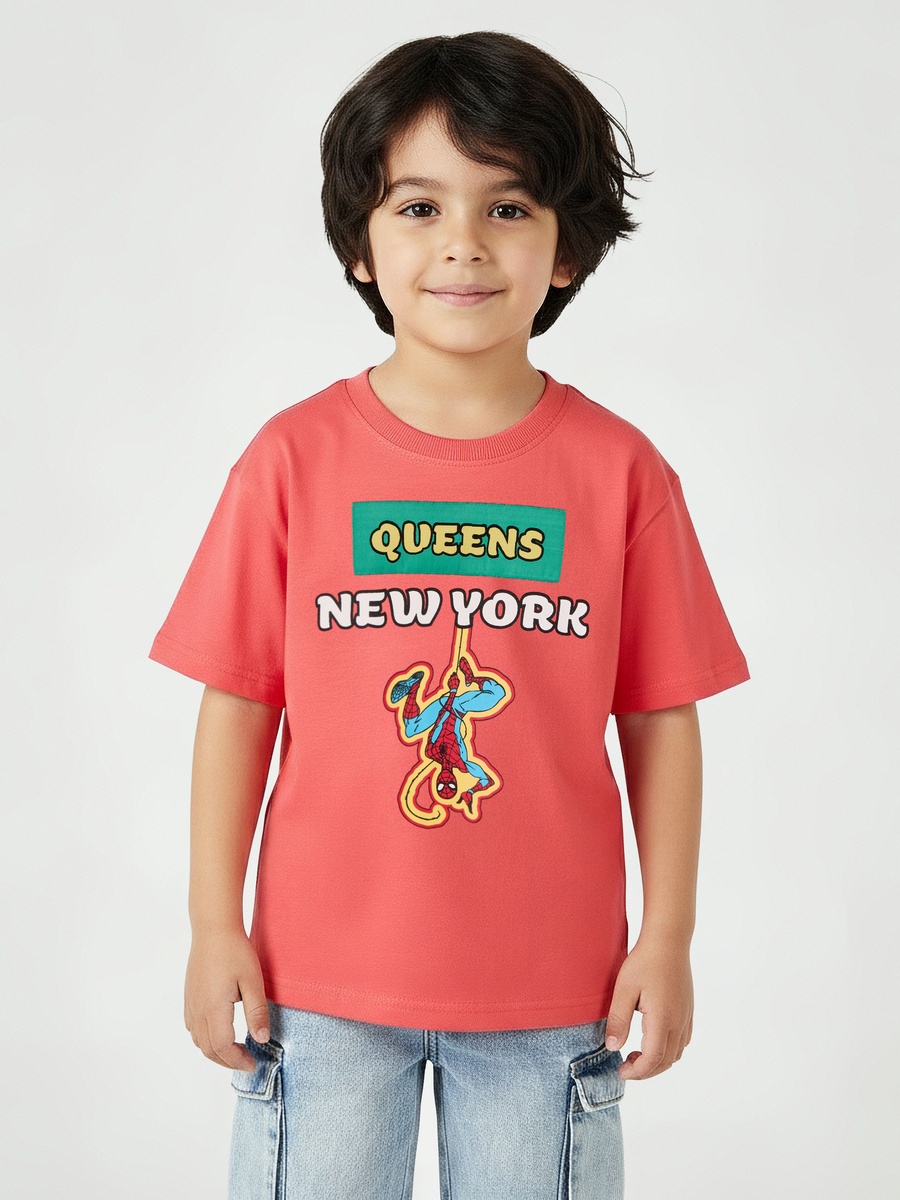 Crew Neck Short Sleeve T-Shirt with Spider-Man Print