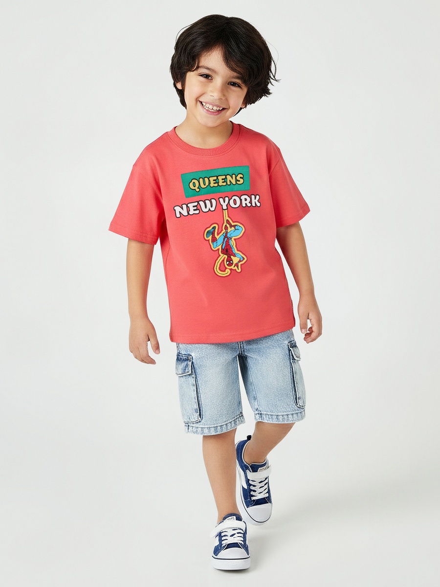 Crew Neck Short Sleeve T-Shirt with Spider-Man Print
