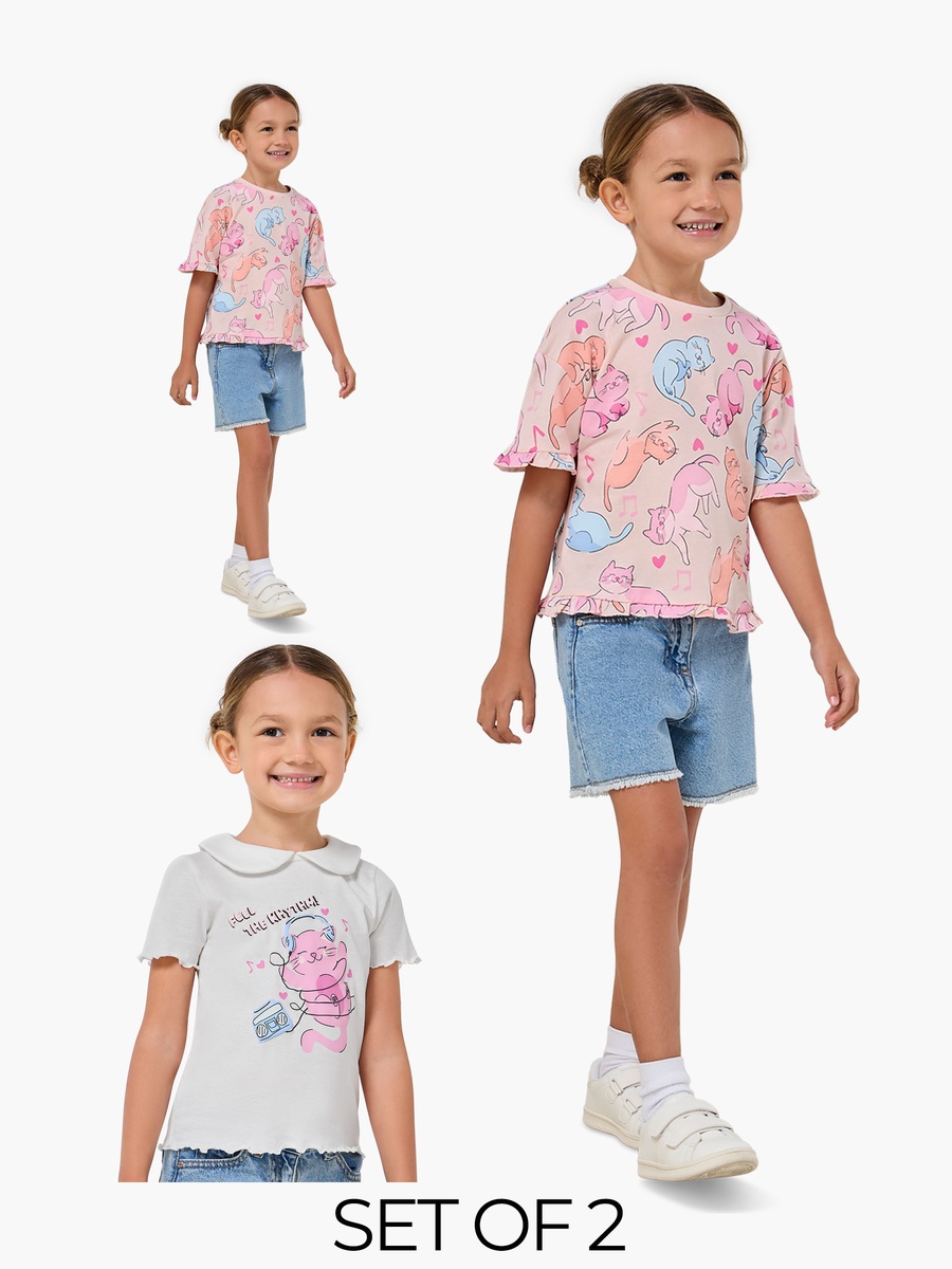 Pack of 2 Round Neck Short Sleeve T-Shirt with Cat Print