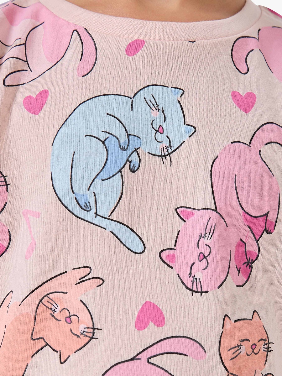 Pack of 2 Round Neck Short Sleeve T-Shirt with Cat Print
