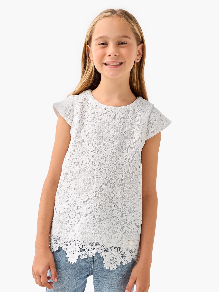 Girls Round Neck Cap Sleeves Floral Embroidered Top