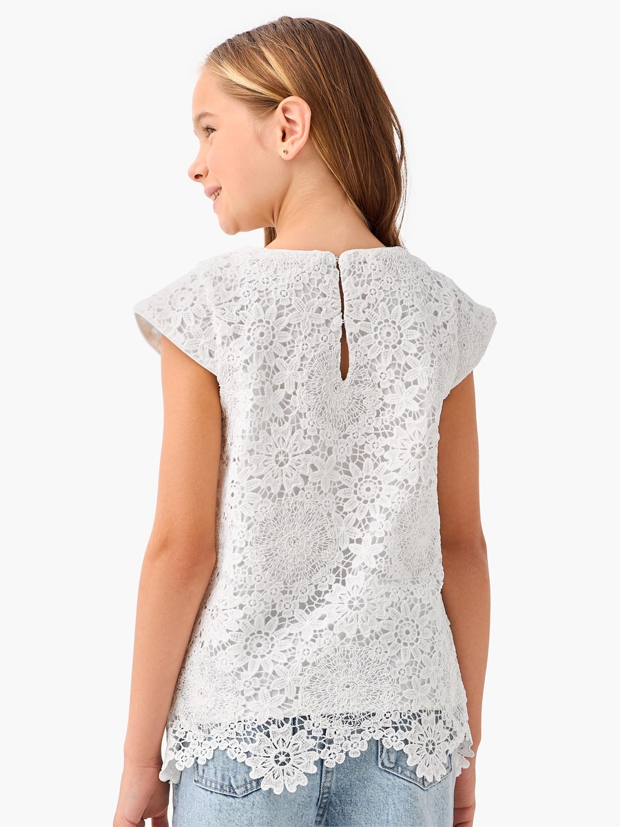 Girls Round Neck Cap Sleeves Floral Embroidered Top