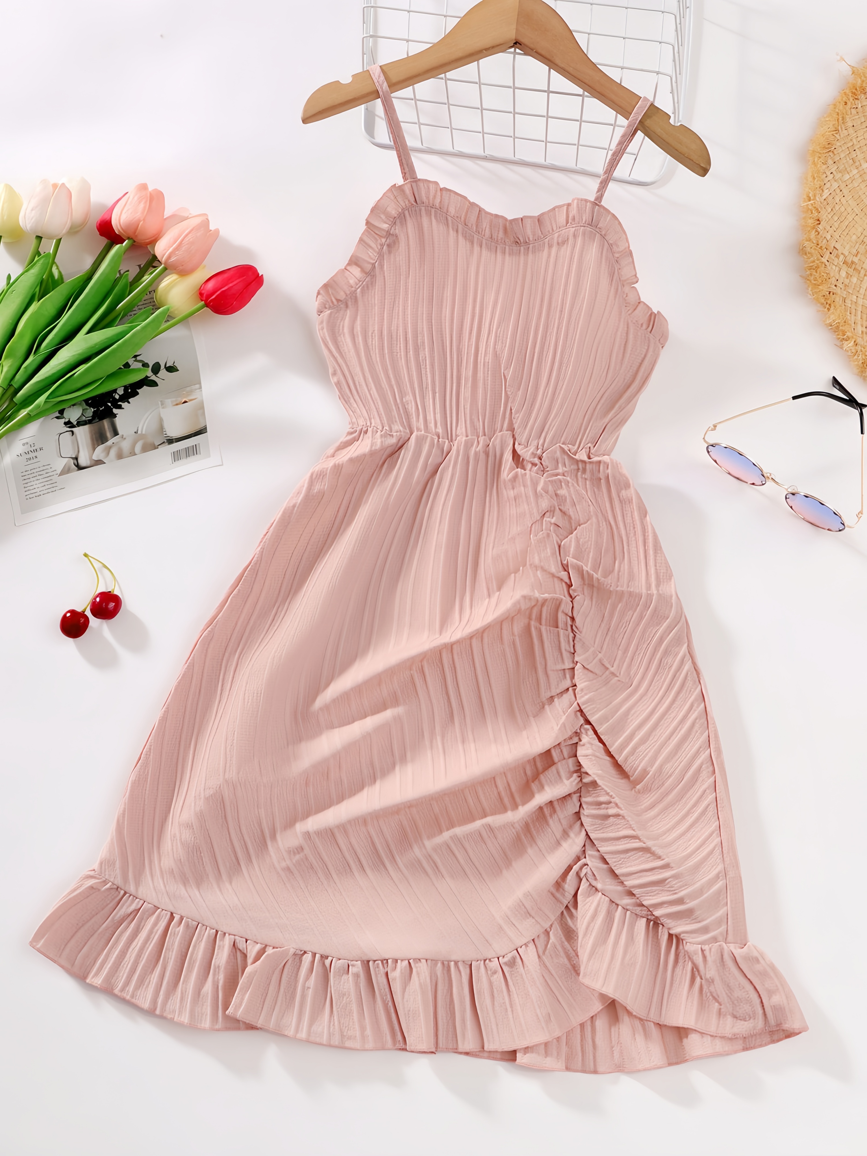 Girls Pink Ruffled Strappy Dress
