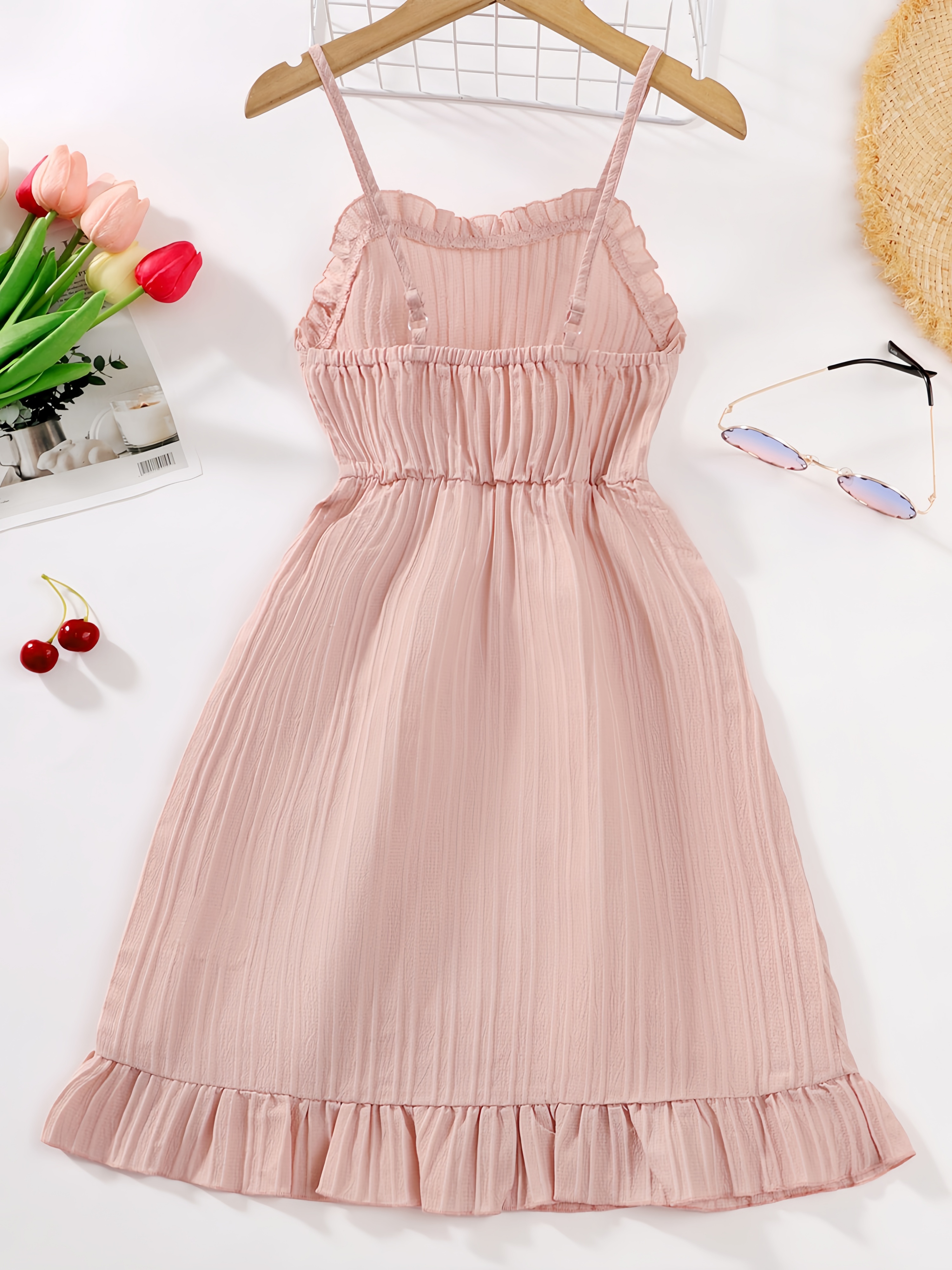Girls Pink Ruffled Strappy Dress