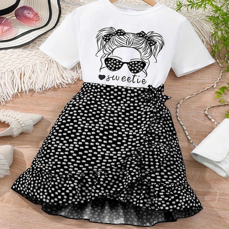 Girls Graphic Print T-Shirt and Wrap Skirt Set