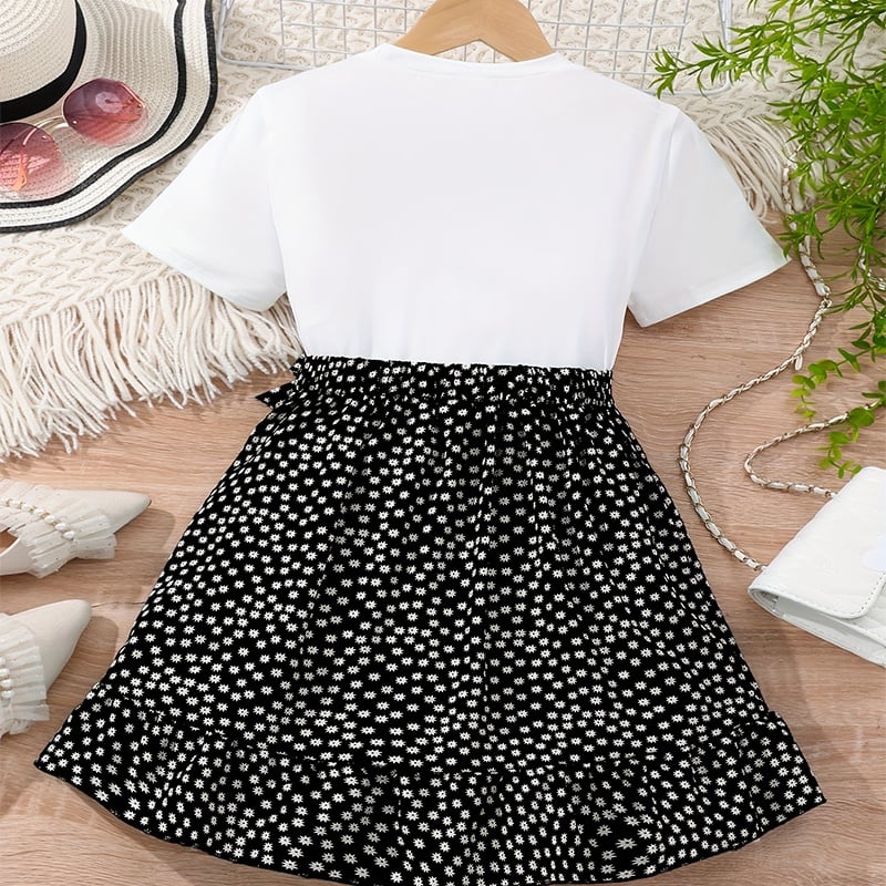 Girls Graphic Print T-Shirt and Wrap Skirt Set