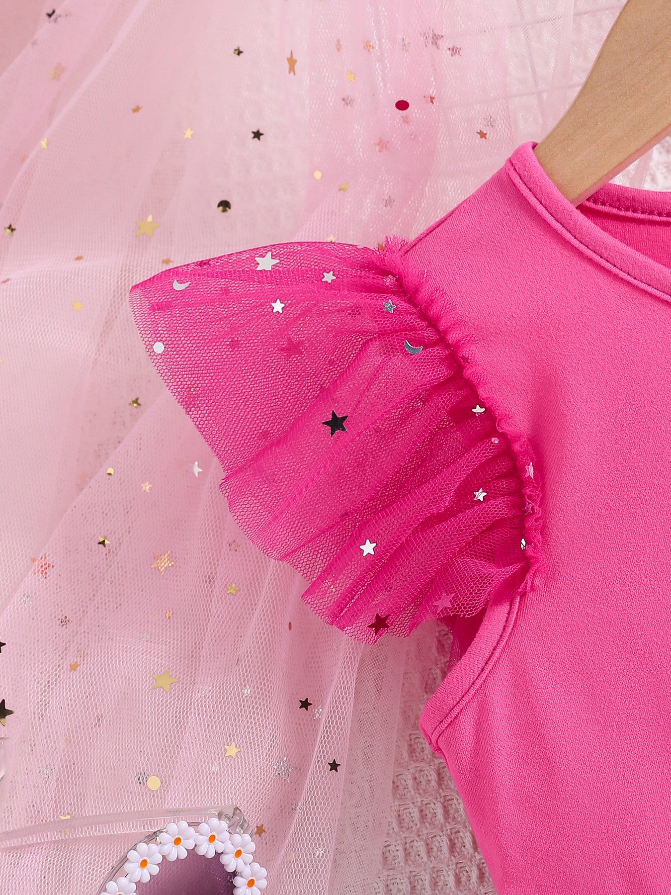 Girls Mesh Tulle Ruffled Sleeve Dress