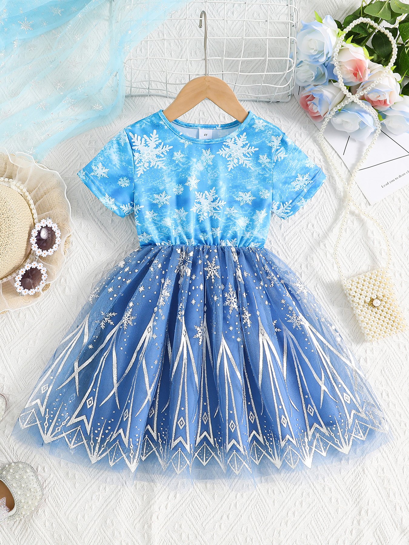 Girls Mesh Tulle Snowflake Print Dress