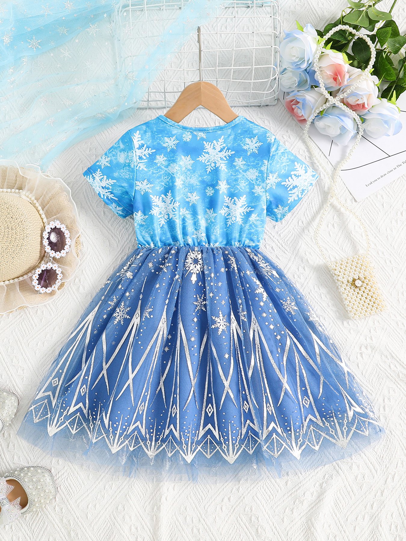 Girls Mesh Tulle Snowflake Print Dress