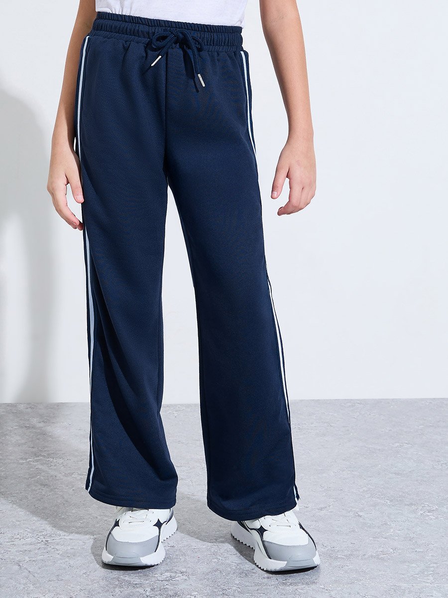 Teen Girls Navy Blue Side Striped Straight Leg Joggers