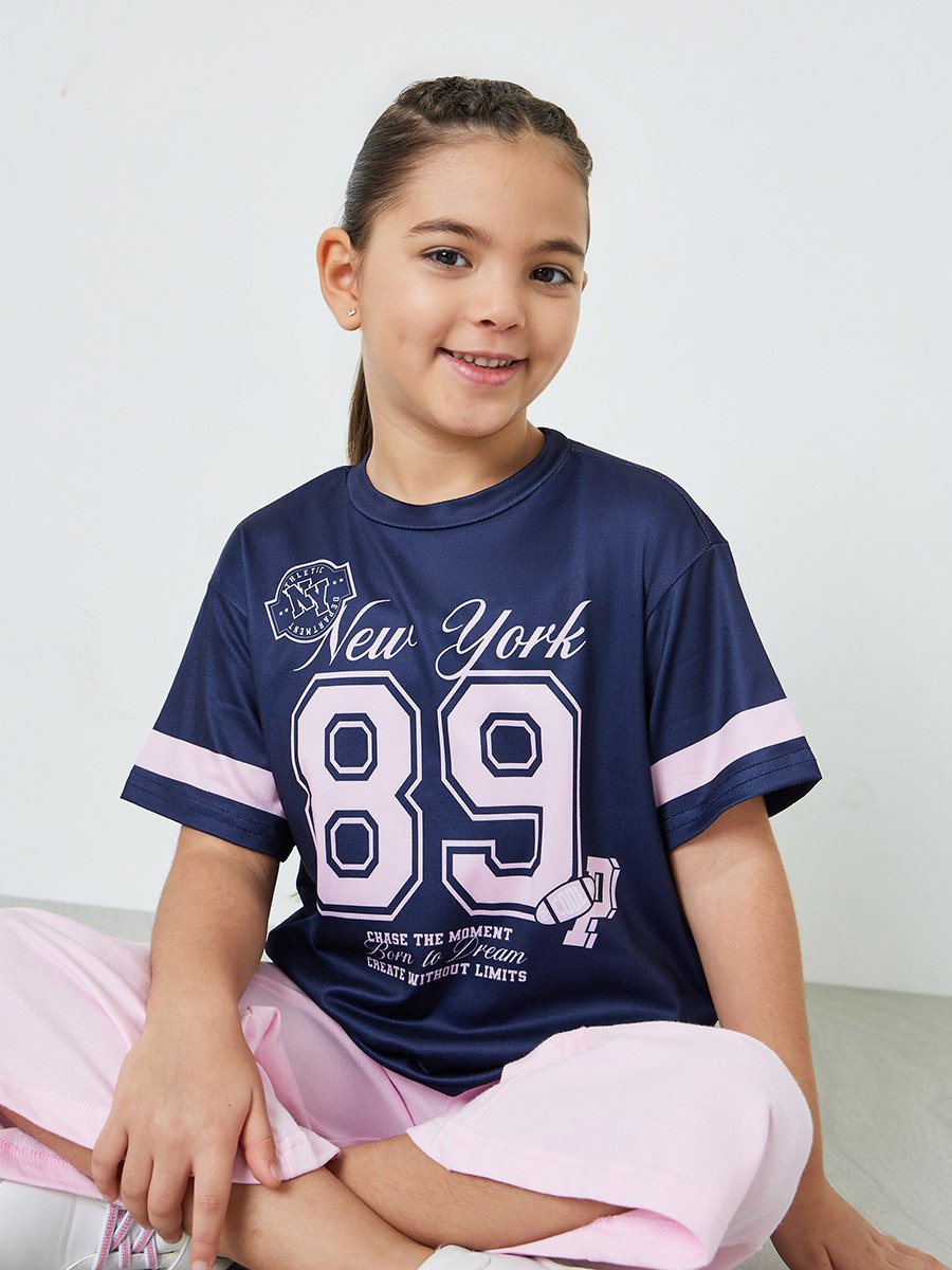 Girls Navy Graphic Print Short Sleeve T-Shirt