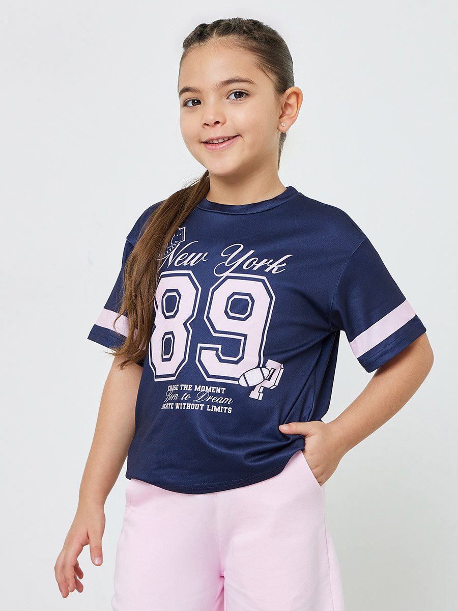 Girls Navy Graphic Print Short Sleeve T-Shirt
