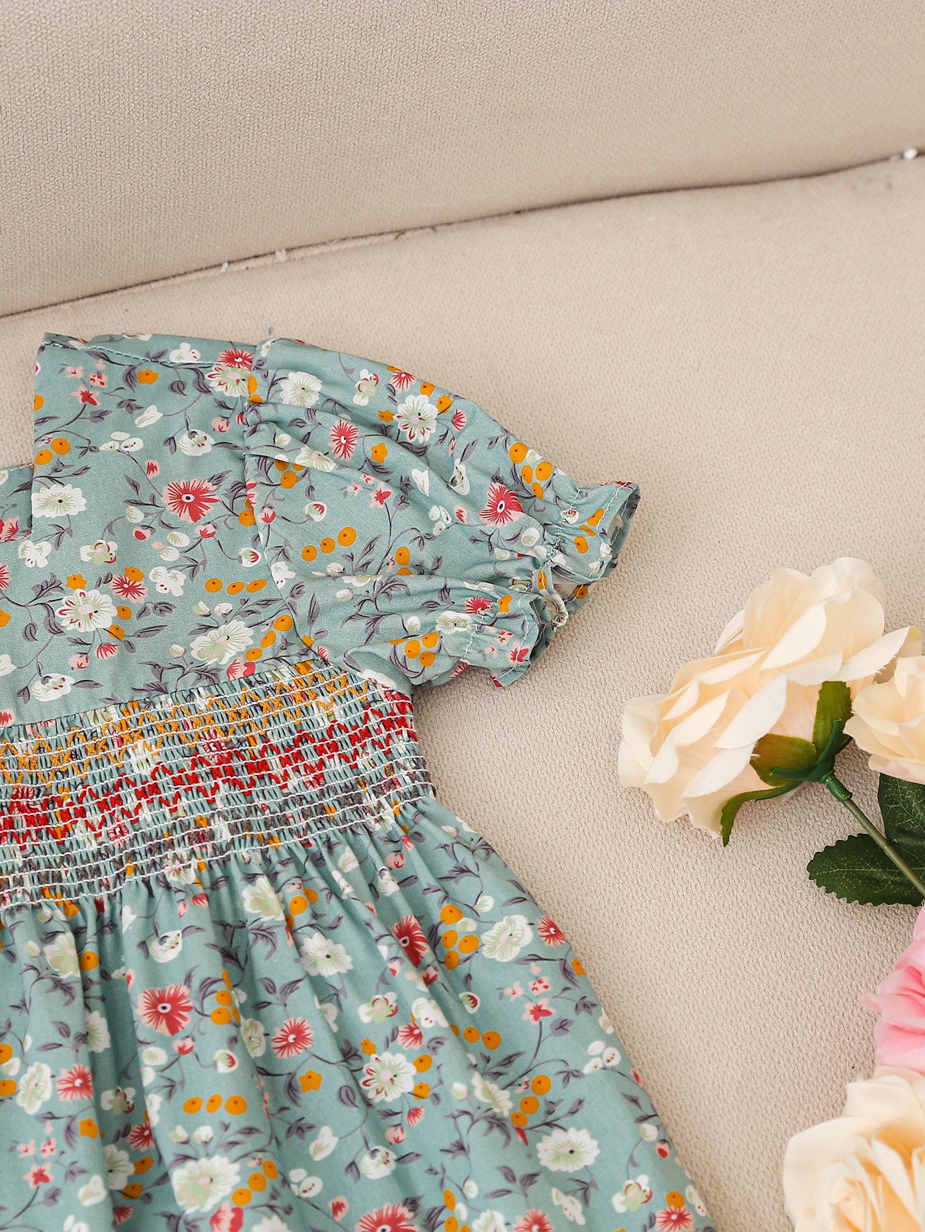 Girls Floral Print Smocked A-Line Dress