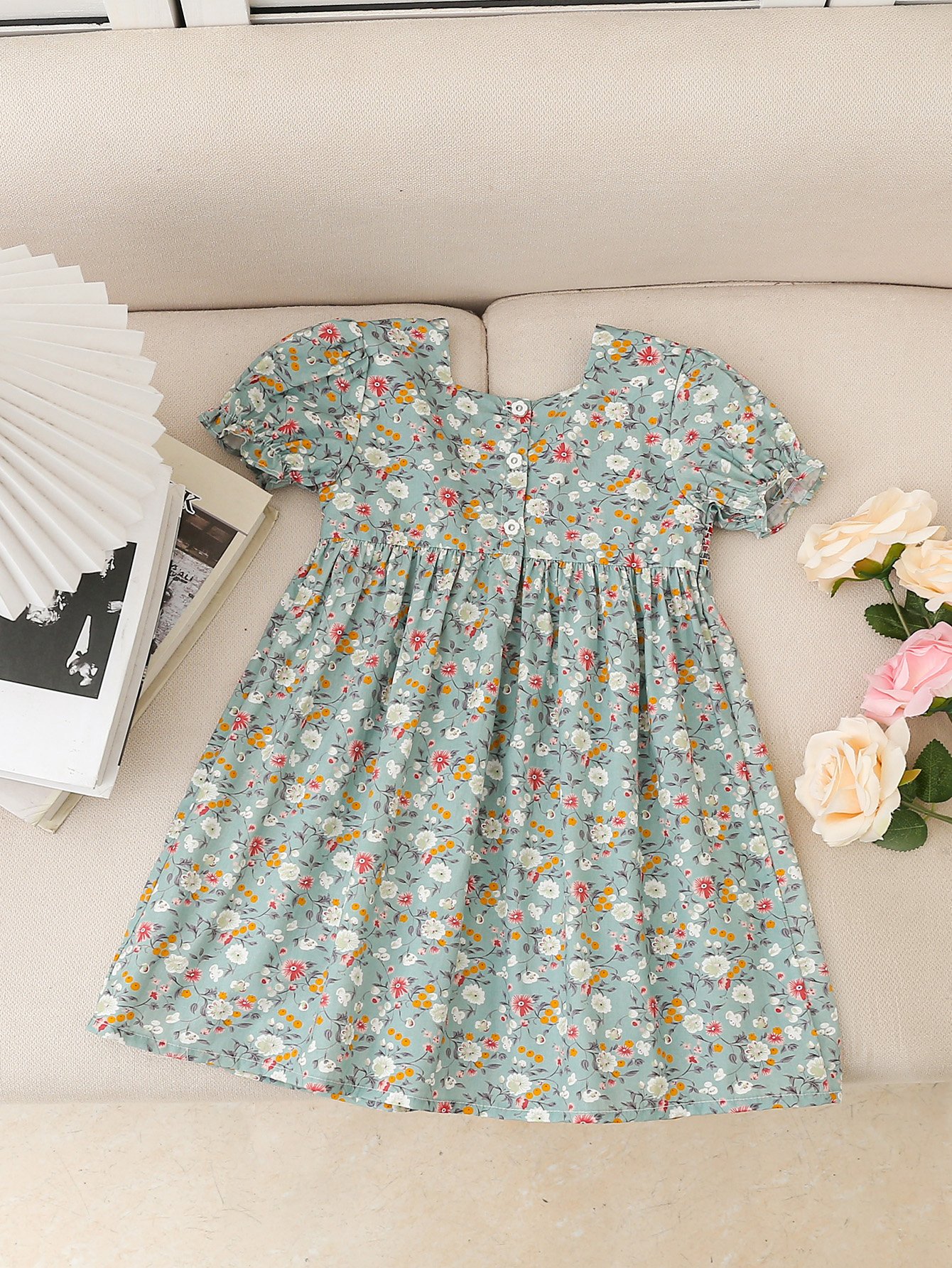 Girls Floral Print Smocked A-Line Dress