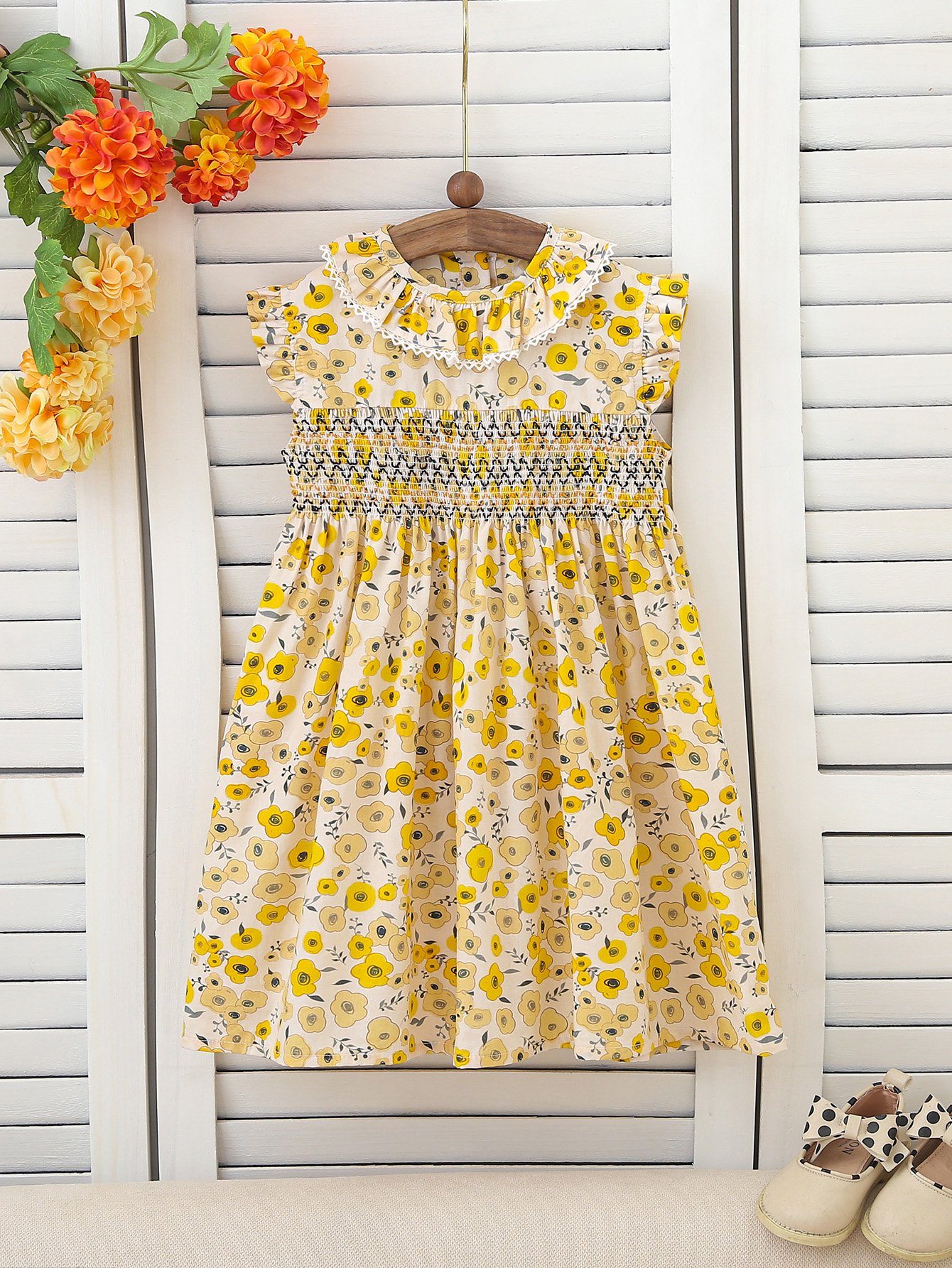 Girls Floral Print Smocked A-Line Dress