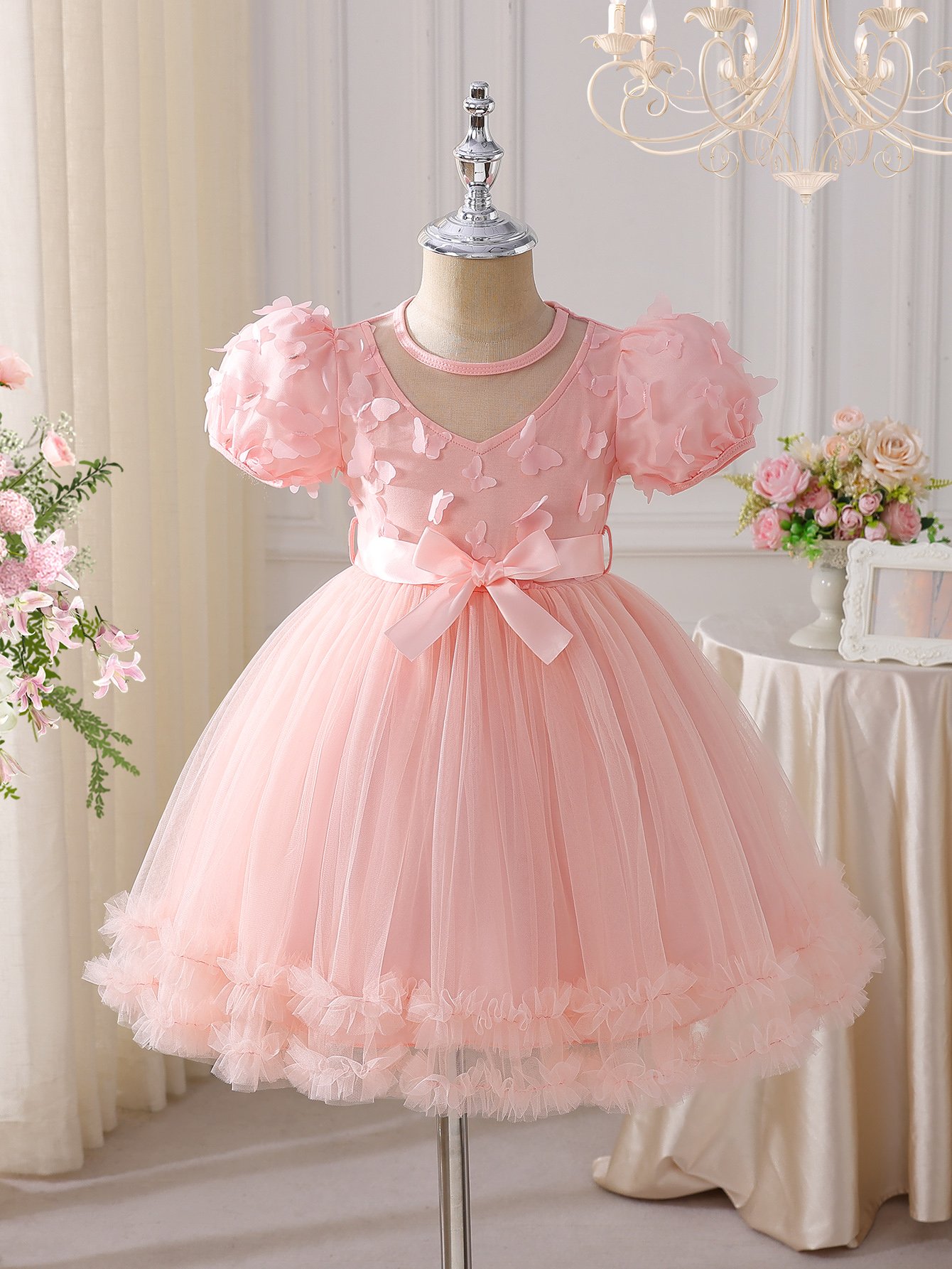 Pink Butterfly Puff Sleeve Mesh Dress
