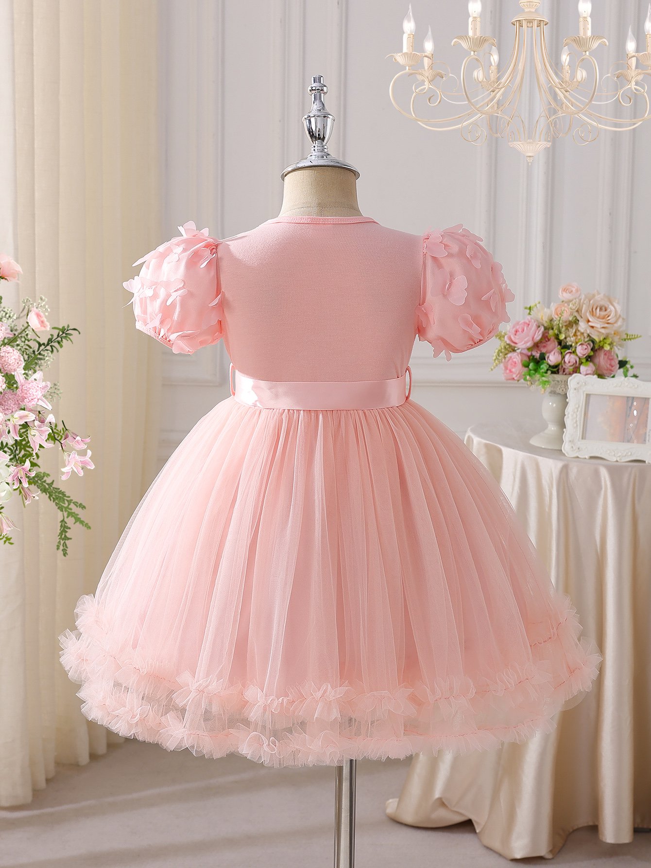 Pink Butterfly Puff Sleeve Mesh Dress
