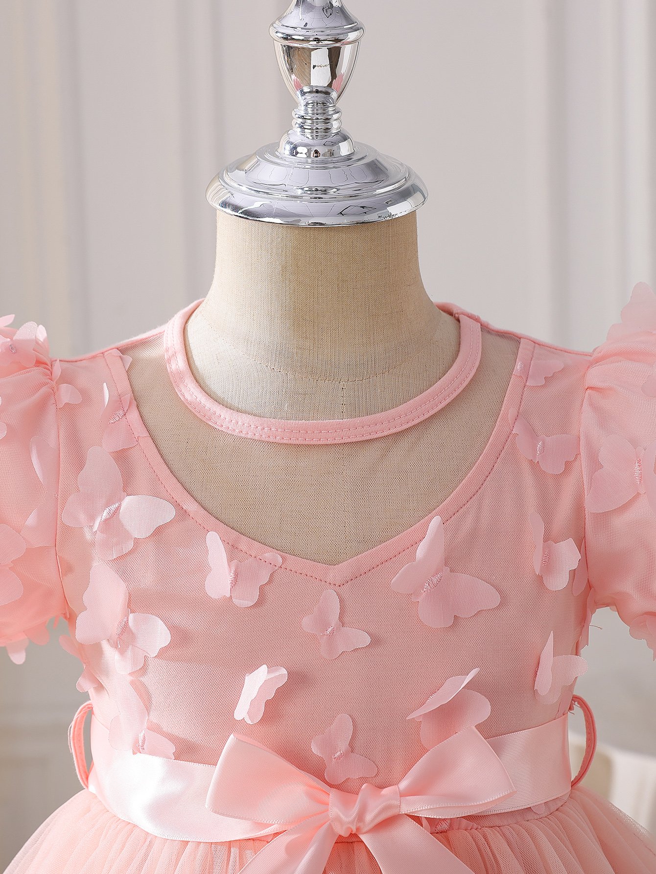 Pink Butterfly Puff Sleeve Mesh Dress