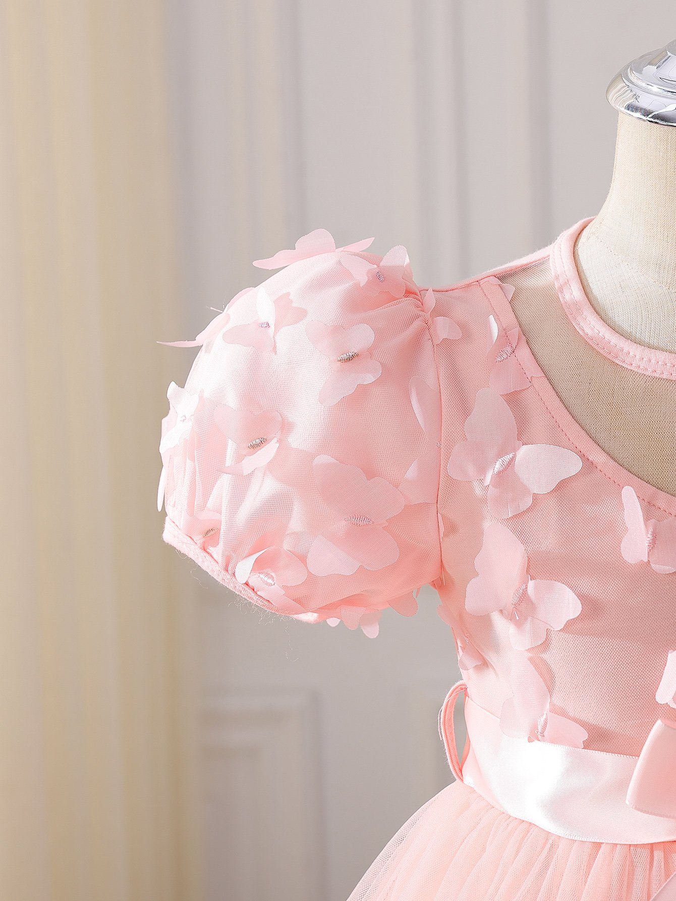 Pink Butterfly Puff Sleeve Mesh Dress
