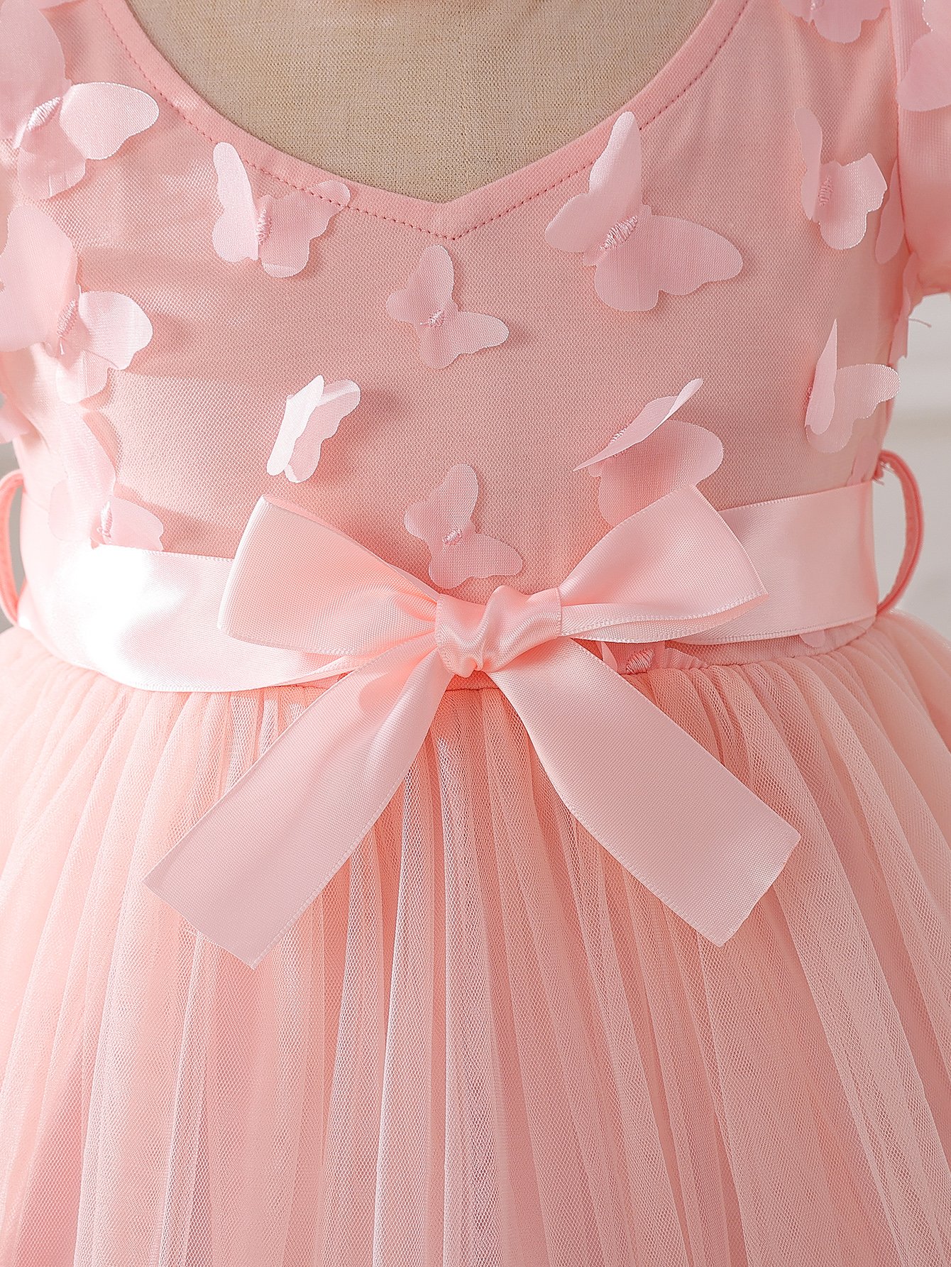 Pink Butterfly Puff Sleeve Mesh Dress
