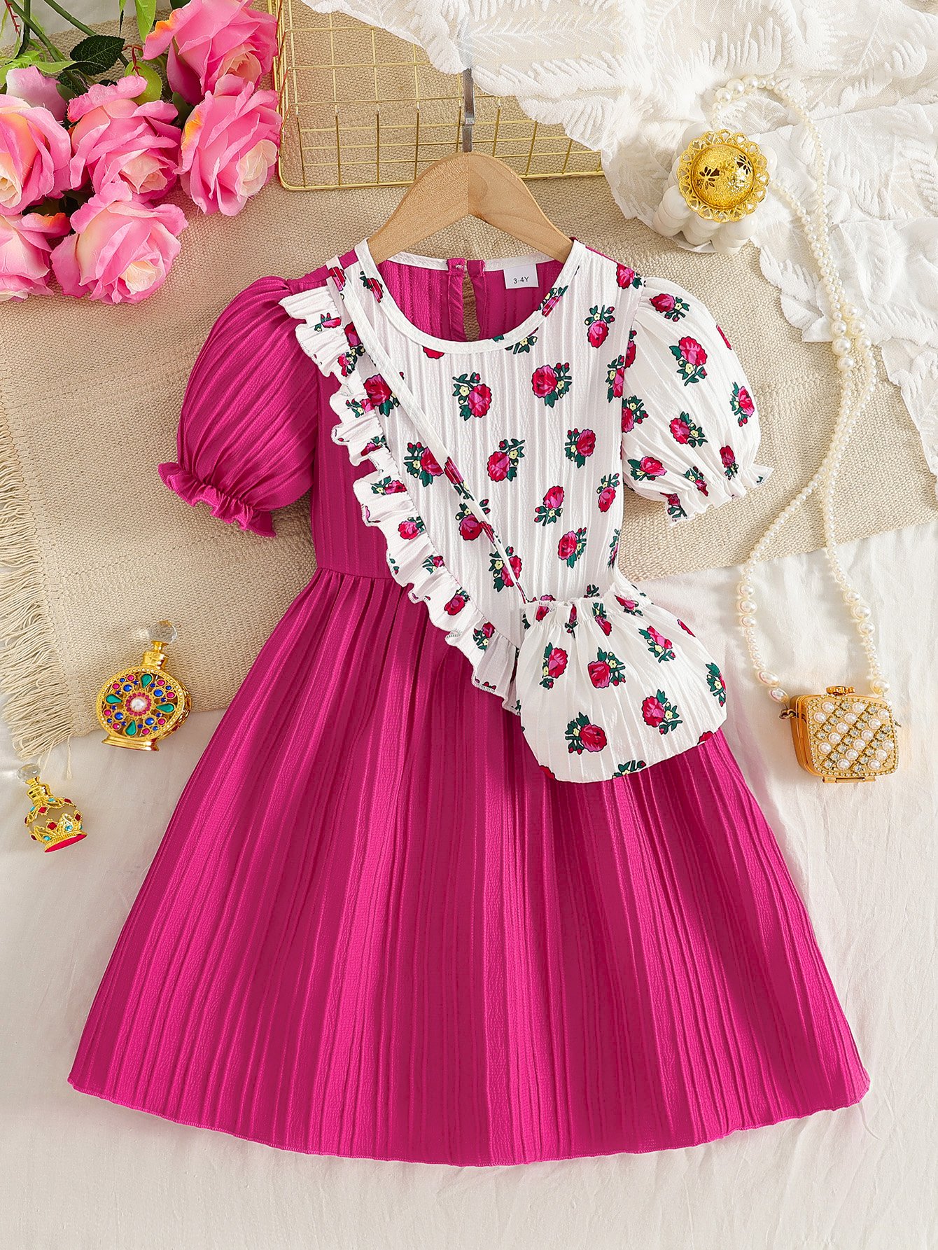 Girls Textured Floral Print Dress