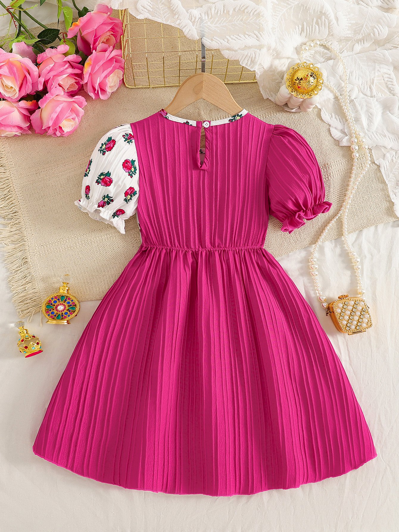 Girls Textured Floral Print Dress