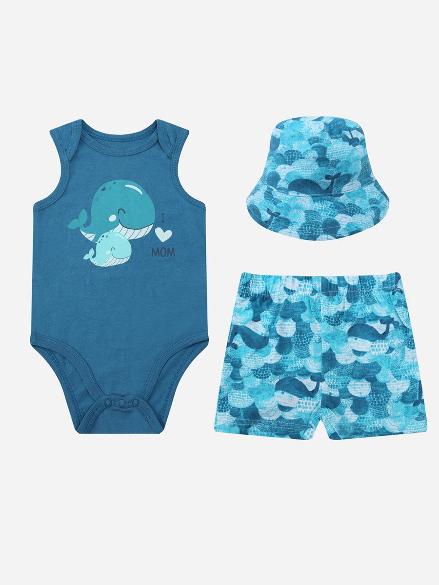 Pack 3 - Baby Sleeveless Bodysuit with Shorts and Sun Hat