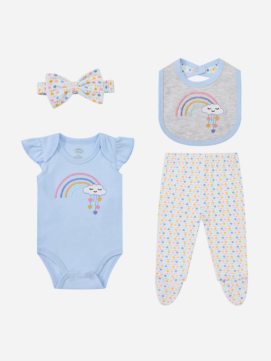 Pack of 4 - Baby Cotton Frill Sleeve Bodysuit and Footed Leggings with Bib and Headband 0-9M