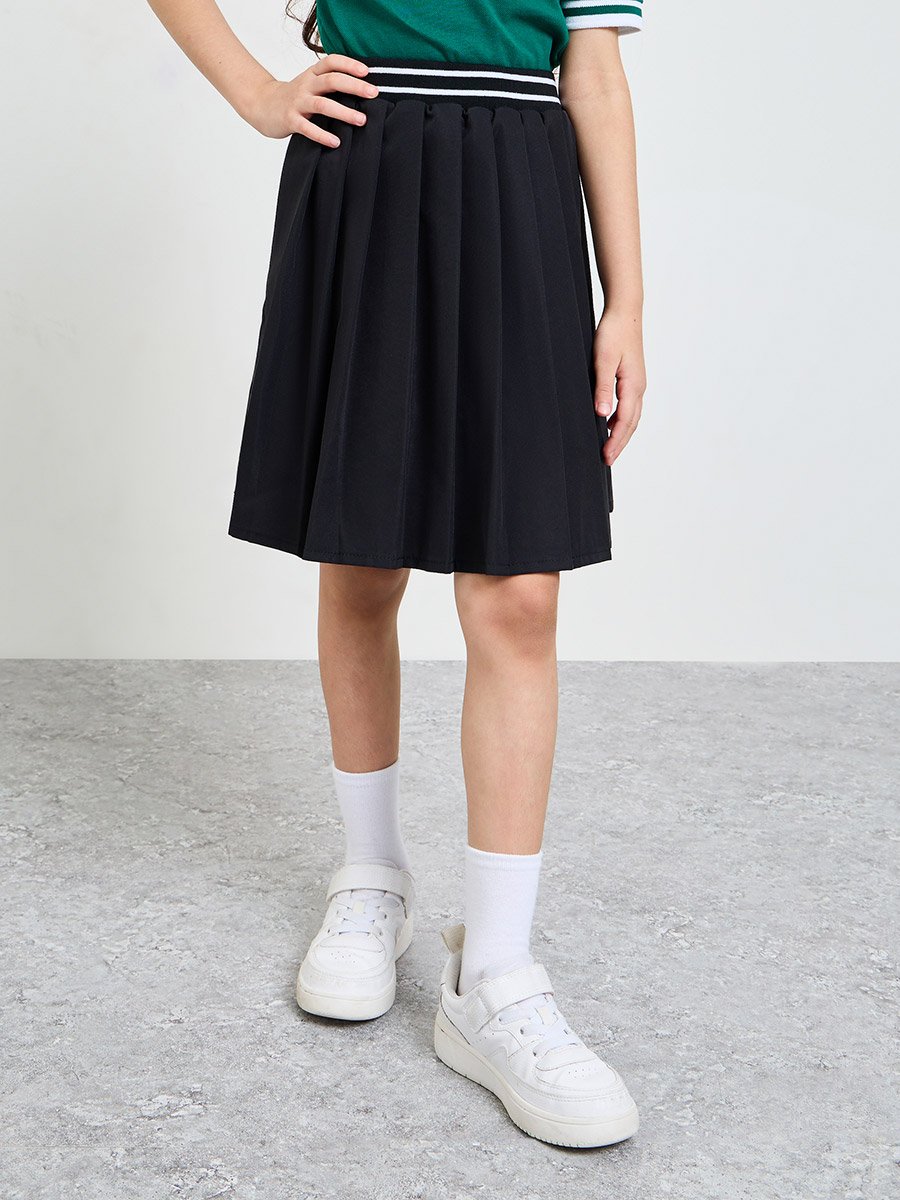 Girls Black Pleated Skirt with Striped Waistband