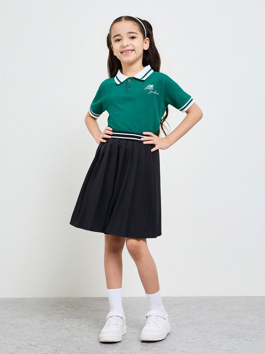 Girls Black Pleated Skirt with Striped Waistband