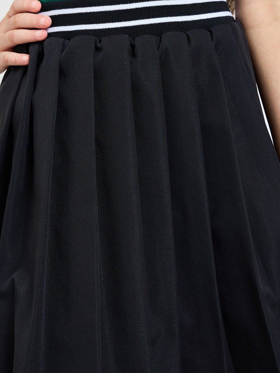 Girls Black Pleated Skirt with Striped Waistband