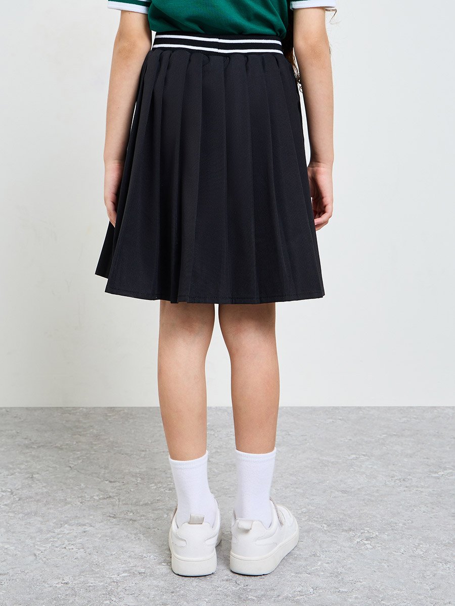Girls Black Pleated Skirt with Striped Waistband