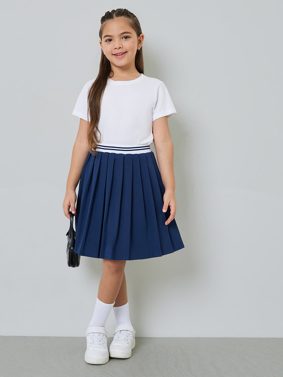 Girls Navy Blue Pleated Skirt with Striped Waistband