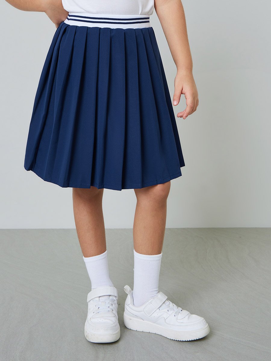 Girls Navy Blue Pleated Skirt with Striped Waistband