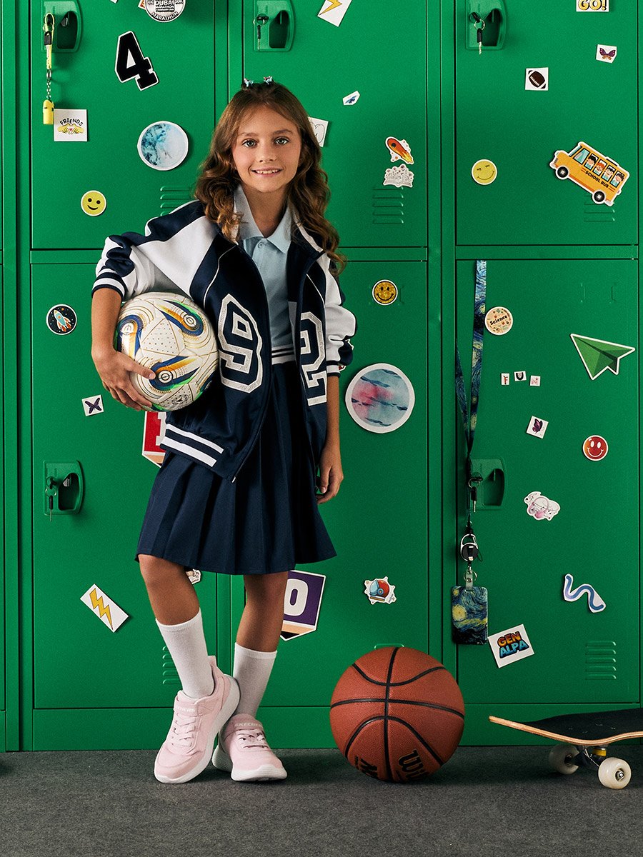 Girls Navy Blue Pleated Skirt with Striped Waistband