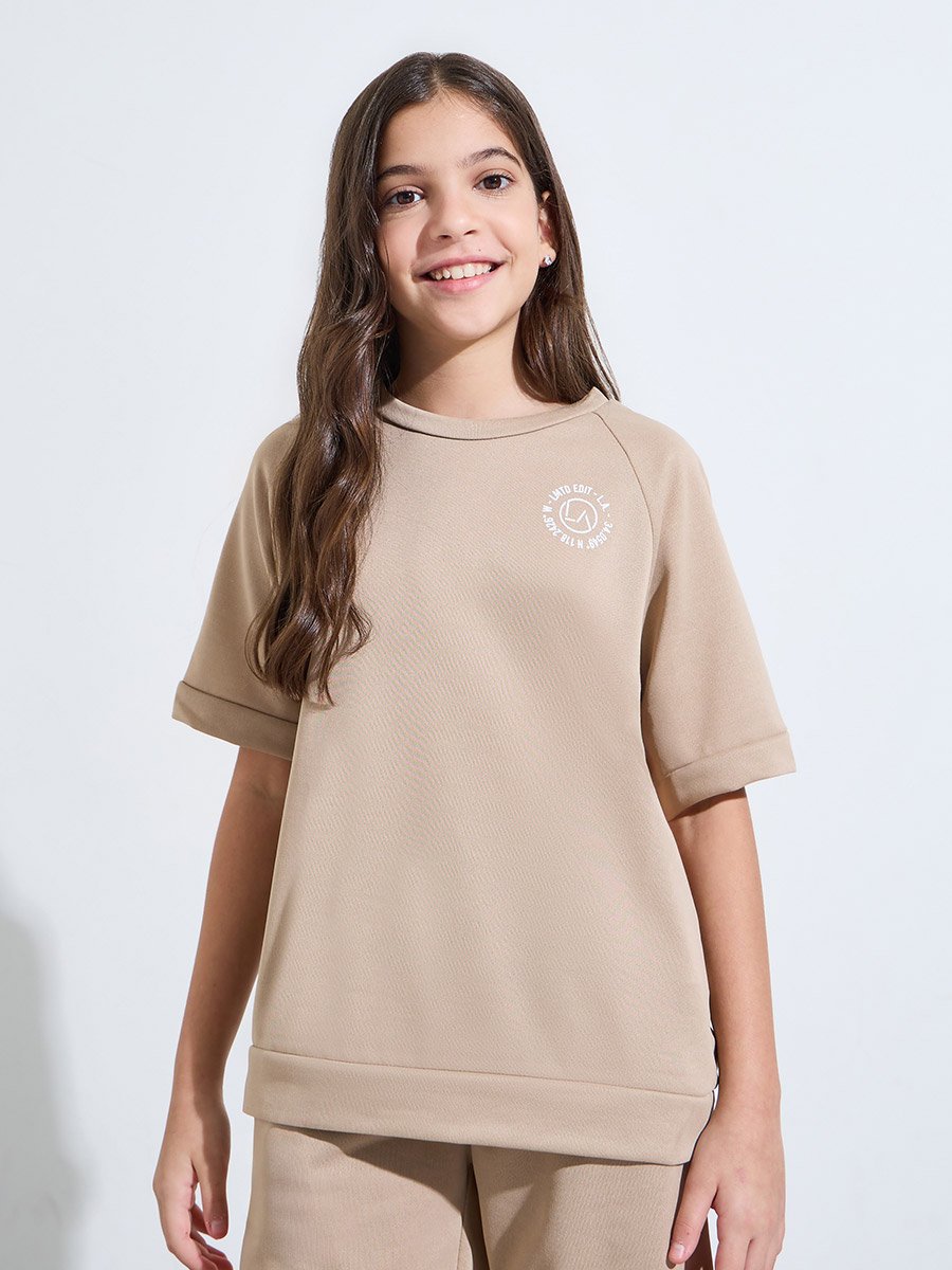 Teen Girls Beige Raglan Sleeves Oversized T-Shirt and Shorts Set