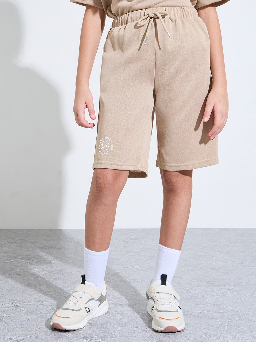 Teen Girls Beige Raglan Sleeves Oversized T-Shirt and Shorts Set