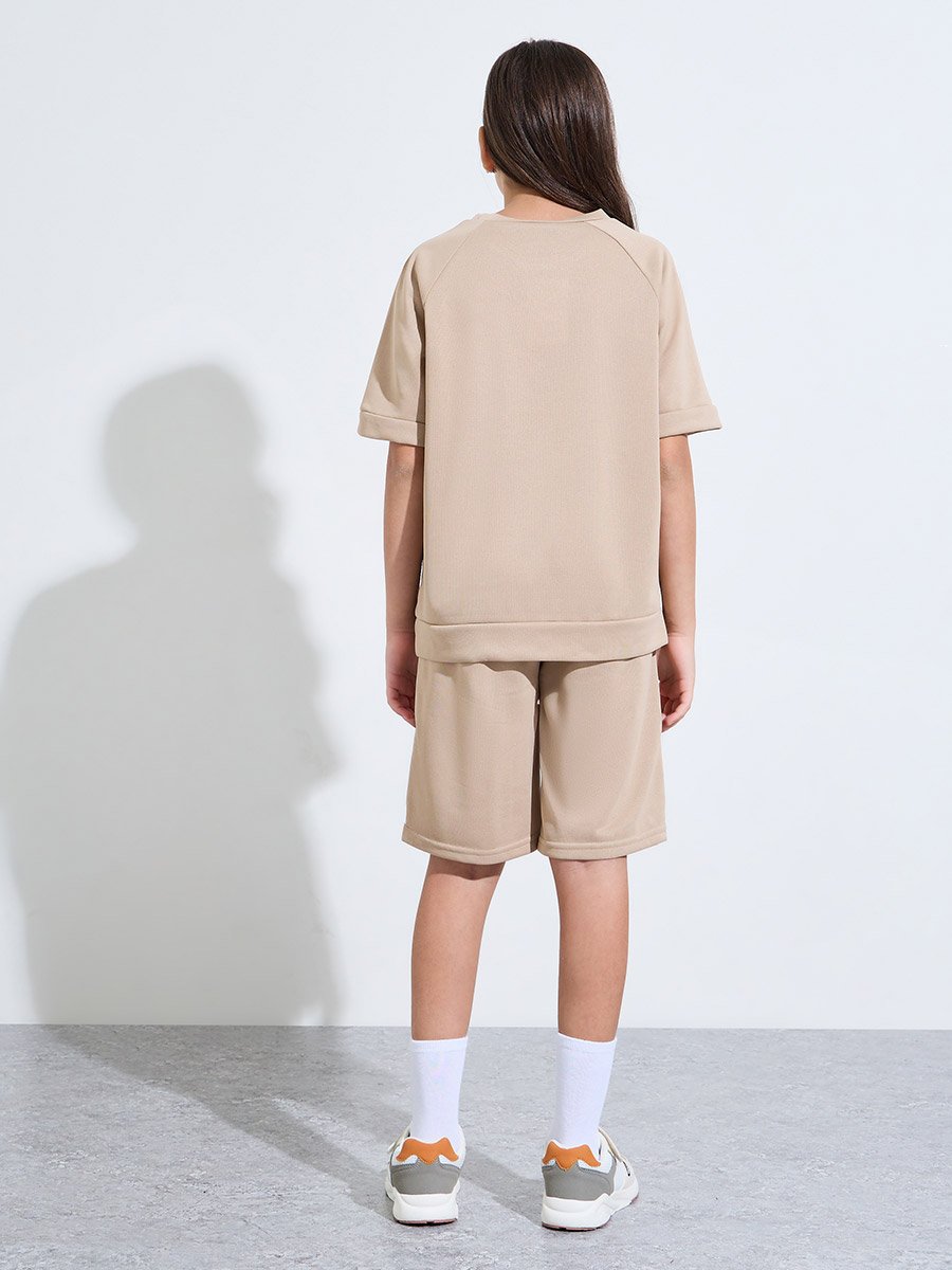 Teen Girls Beige Raglan Sleeves Oversized T-Shirt and Shorts Set