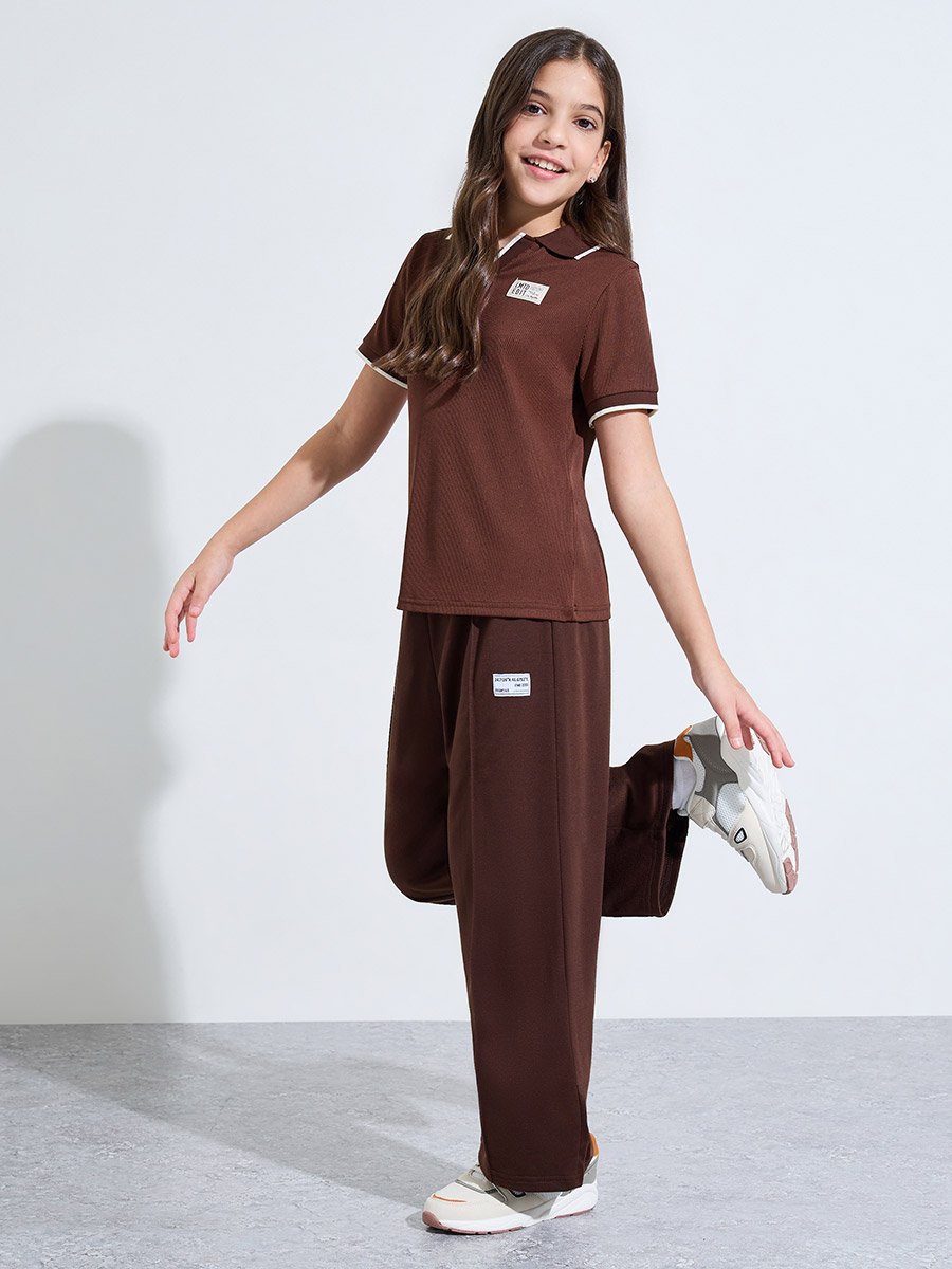 Teen Girls Brown Ribbed Patchwork Detail Contrast Trim Polo T-Shirt