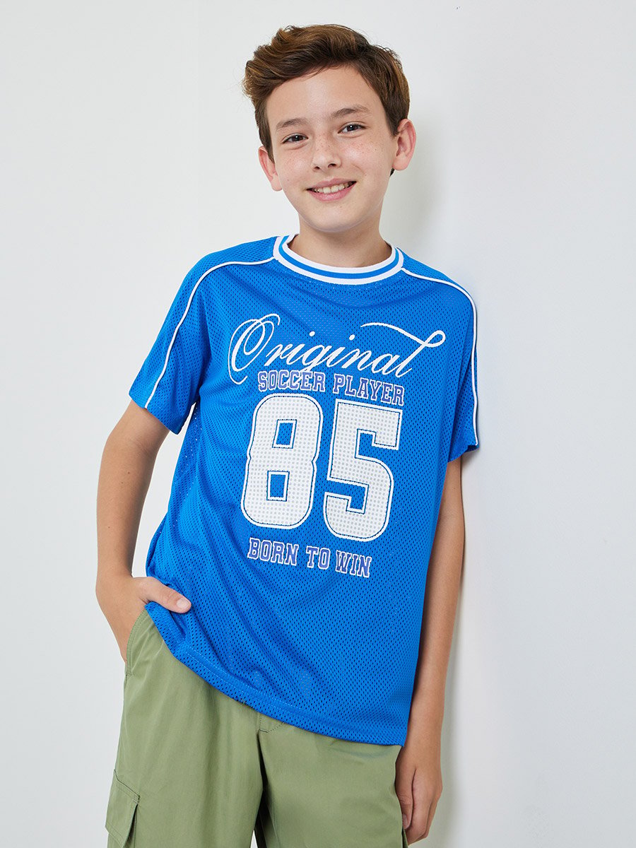 Boys Blue Graphic  Print Mesh Sports T-Shirt