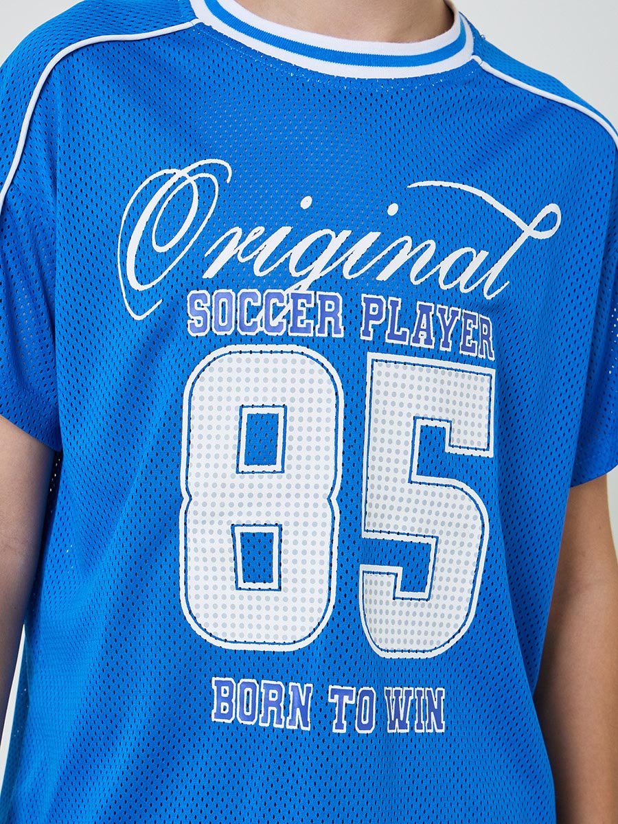 Boys Blue Graphic  Print Mesh Sports T-Shirt