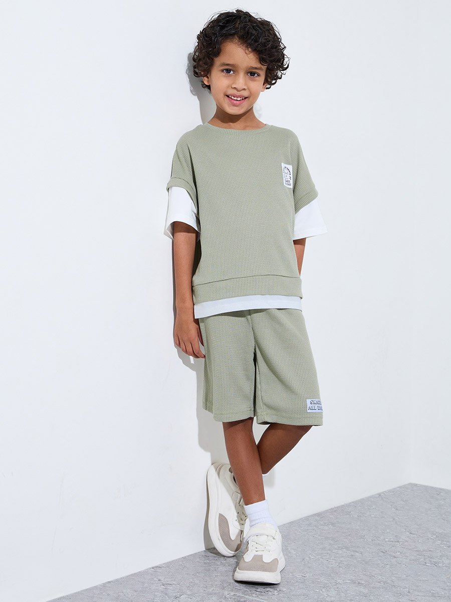 Boys Green Knitted Patchwork Oversized T-Shirt and Shorts Set