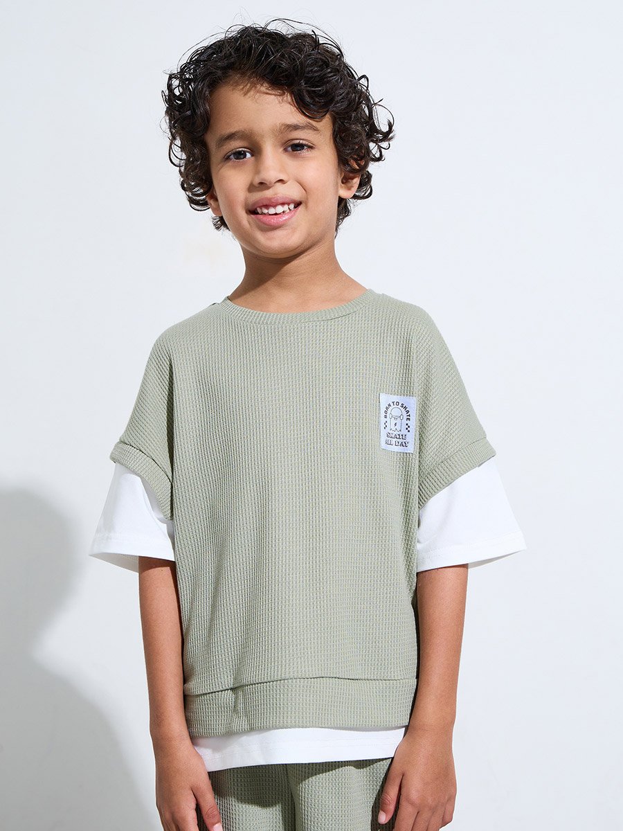 Boys Green Knitted Patchwork Oversized T-Shirt and Shorts Set