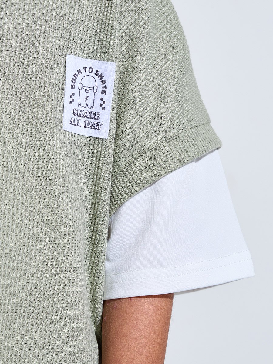 Boys Green Knitted Patchwork Oversized T-Shirt and Shorts Set