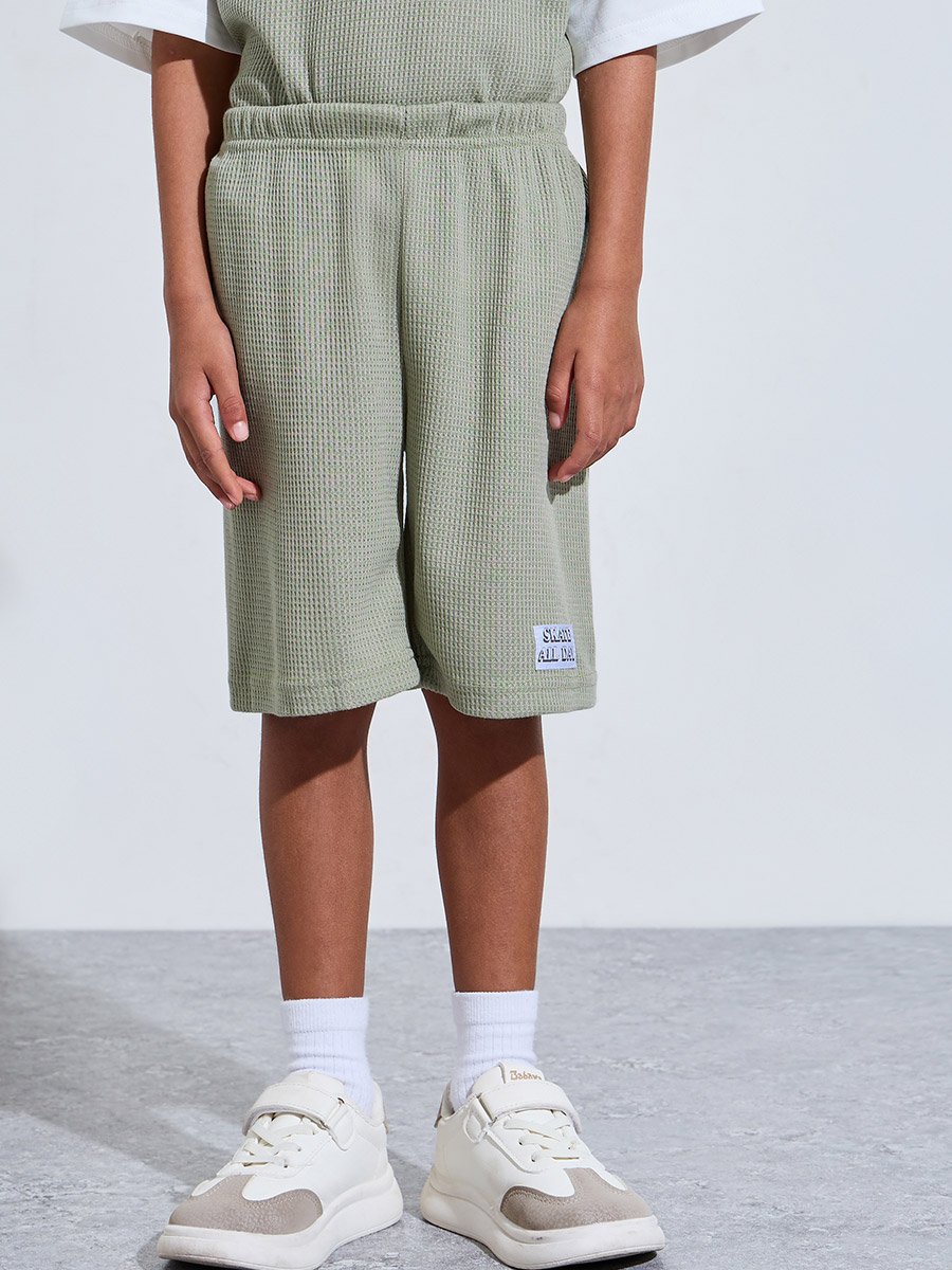Boys Green Knitted Patchwork Oversized T-Shirt and Shorts Set