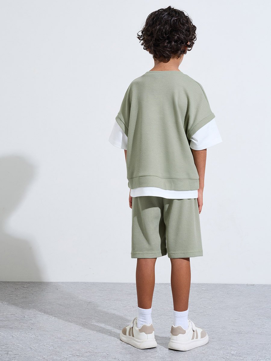 Boys Green Knitted Patchwork Oversized T-Shirt and Shorts Set