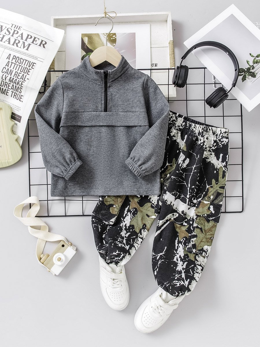 Boys Gray Half-Zip Sweatshirt and Camo Pants Set