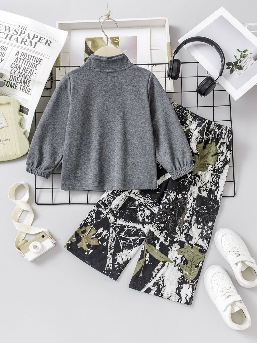 Boys Gray Half-Zip Sweatshirt and Camo Pants Set