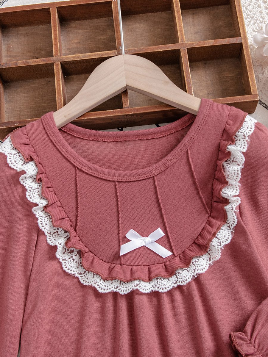 Girls Dusty Rose Lace Detail T-Shirt and Ruffled Pants Set