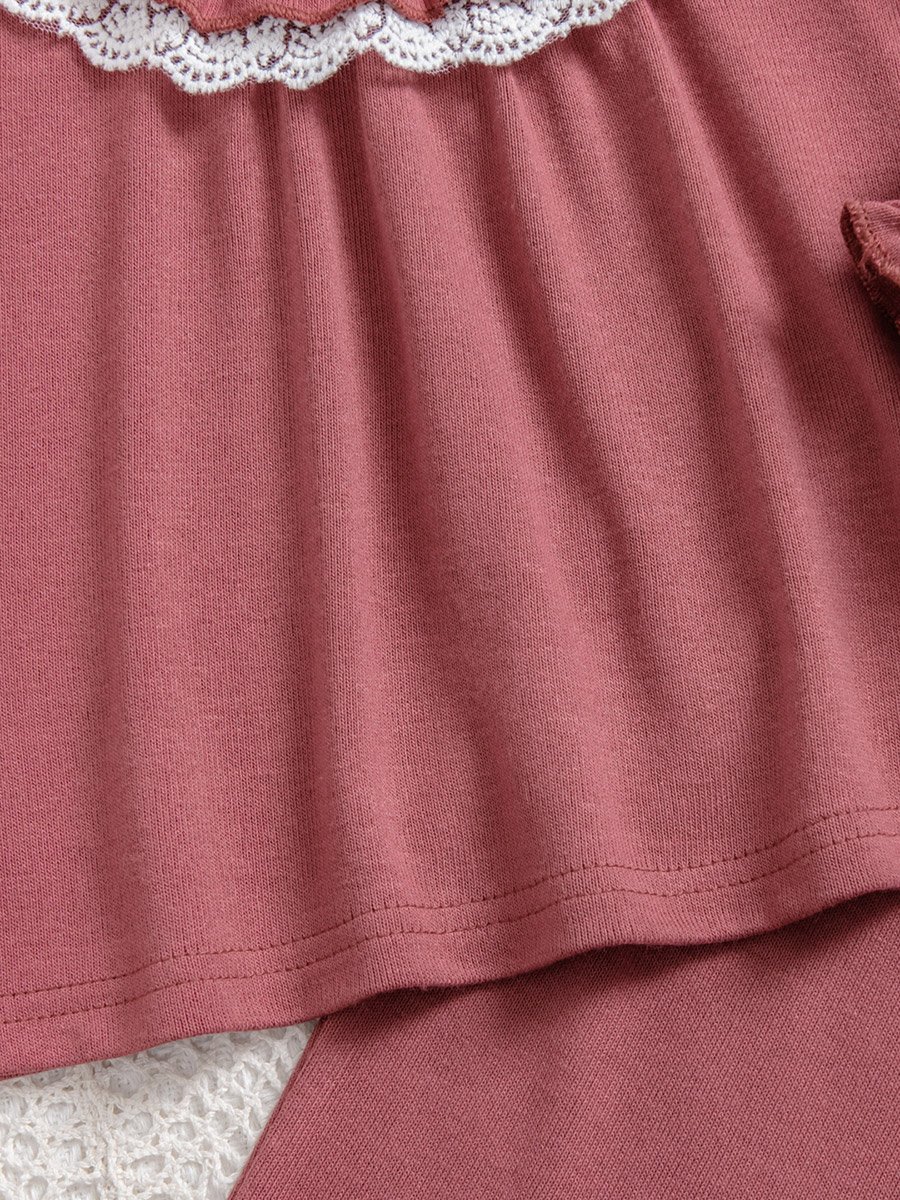 Girls Dusty Rose Lace Detail T-Shirt and Ruffled Pants Set